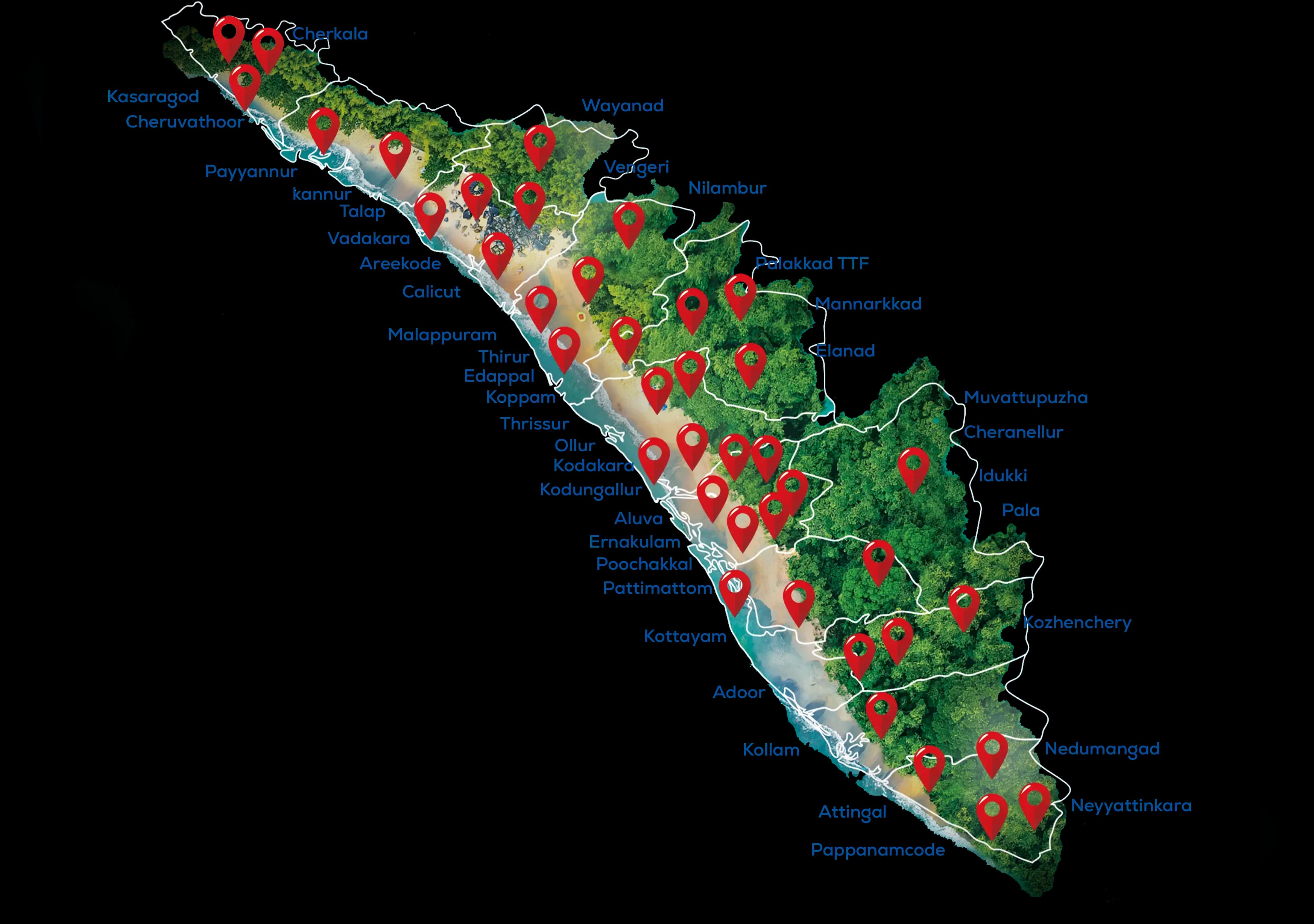 Map of Kerala marking all Elanadu branches, from Kasaragod in the north to Neyyattinkara in the south
